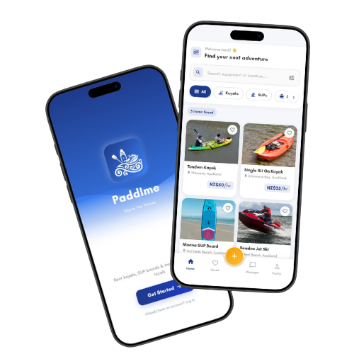 Paddlme app screens showing kayak hire listings, booking flow, and owner dashboard — available on iOS and Android