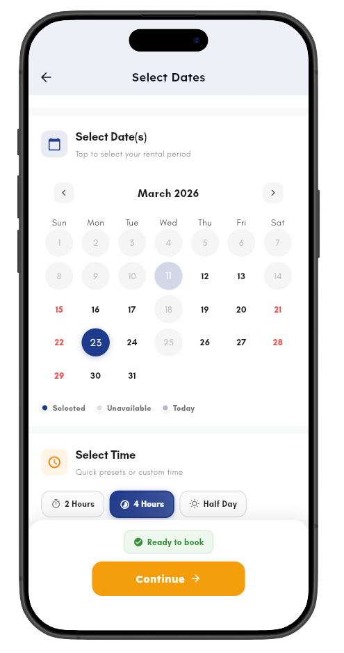Select kayak hire dates and duration — 2 hours, 4 hours or half day