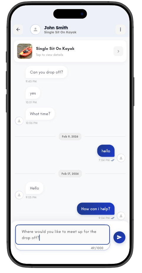 In-app messaging to coordinate kayak pickup between owner and renter